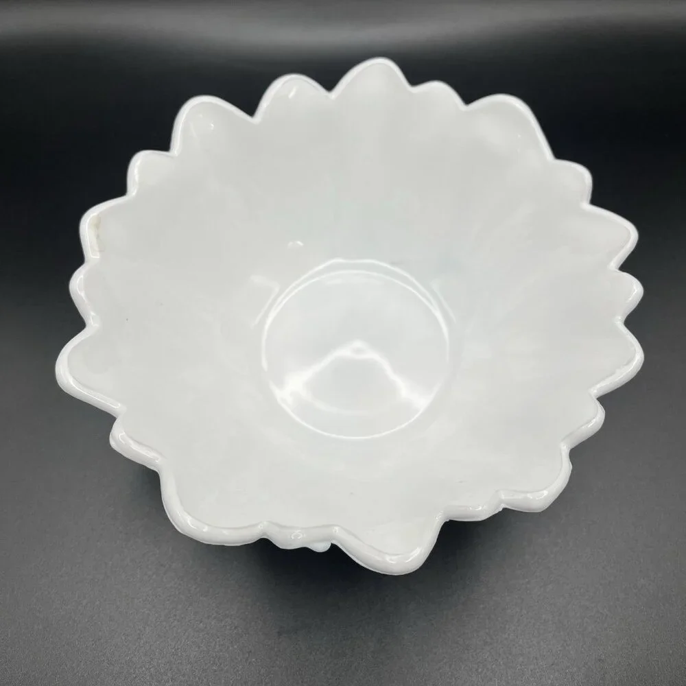 VTG Indiana Milk Glass Sunflower Bowl White Scalloped Floral Candy Dish MCM